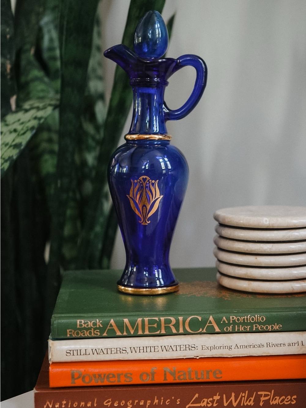 Vintage Cobalt Blue Glass Pitcher with Gold Accents - Home Accents